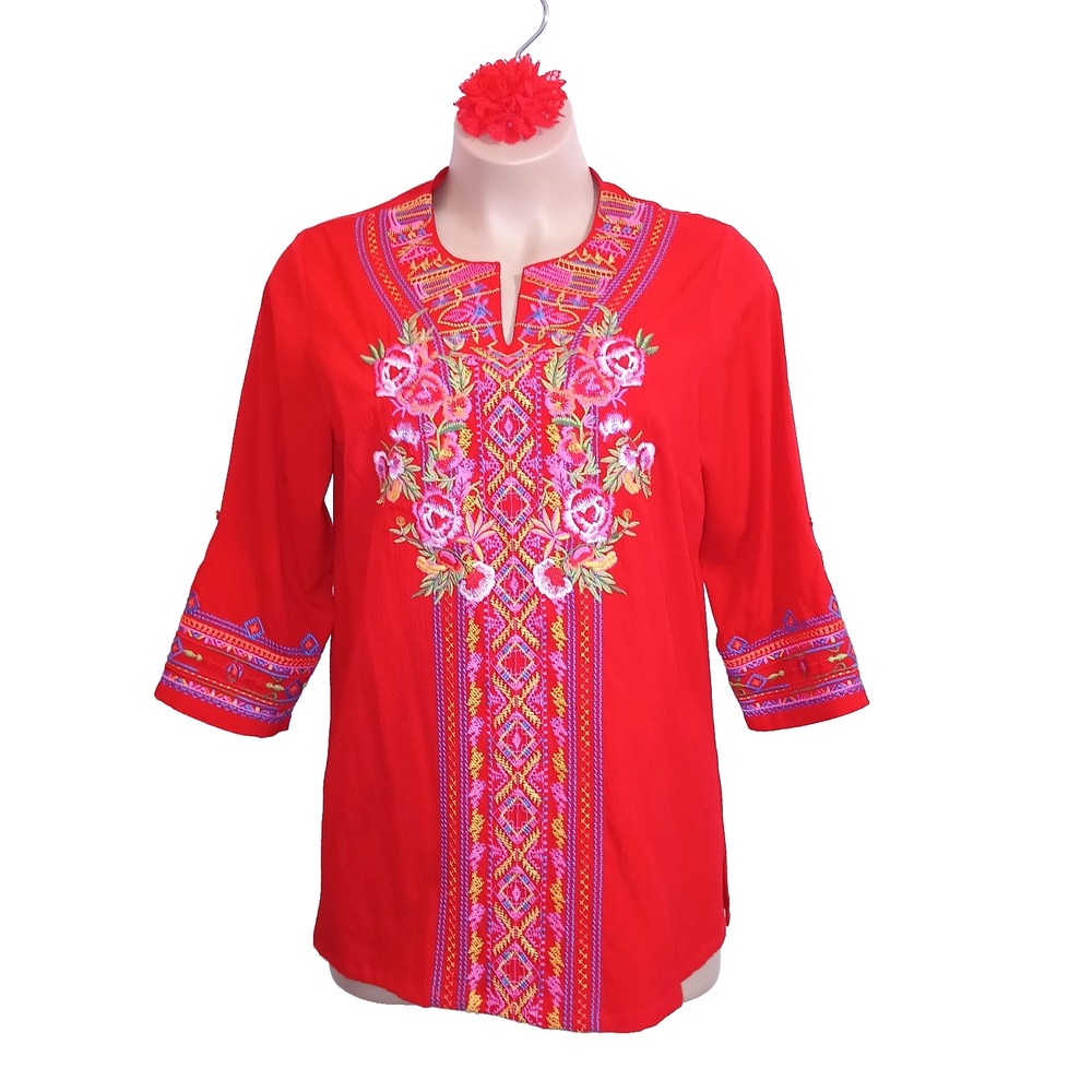 Calessa Embroidered Women Tunic Top L Red Floral Art To Wear Roll Tab Cotton